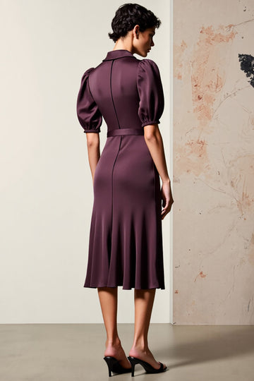 Dark Red Sheath Satin Puff Sleeve Wedding Guest Dress